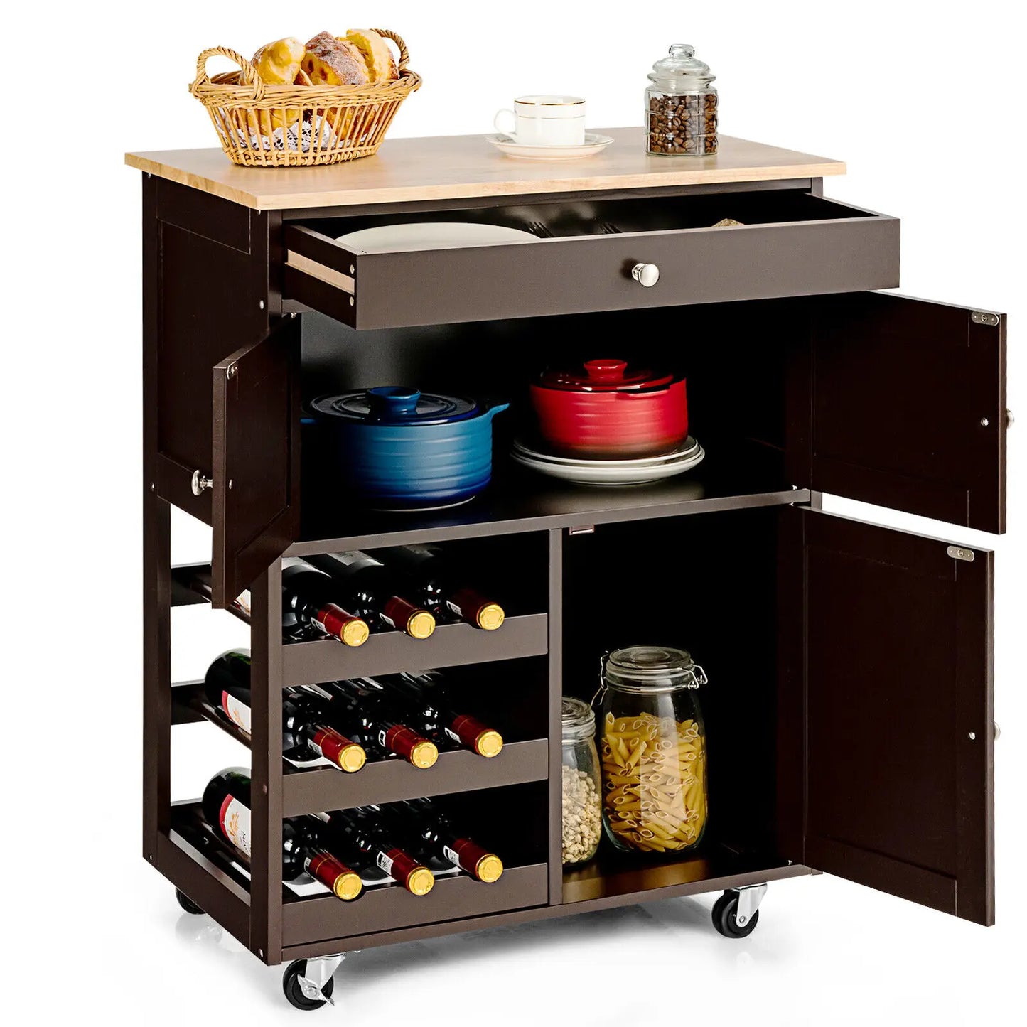Rolling Kitchen Trolley Cart with Storage Cabinet & Wine Rack – 3-Tier Island on Wheels with Drawer