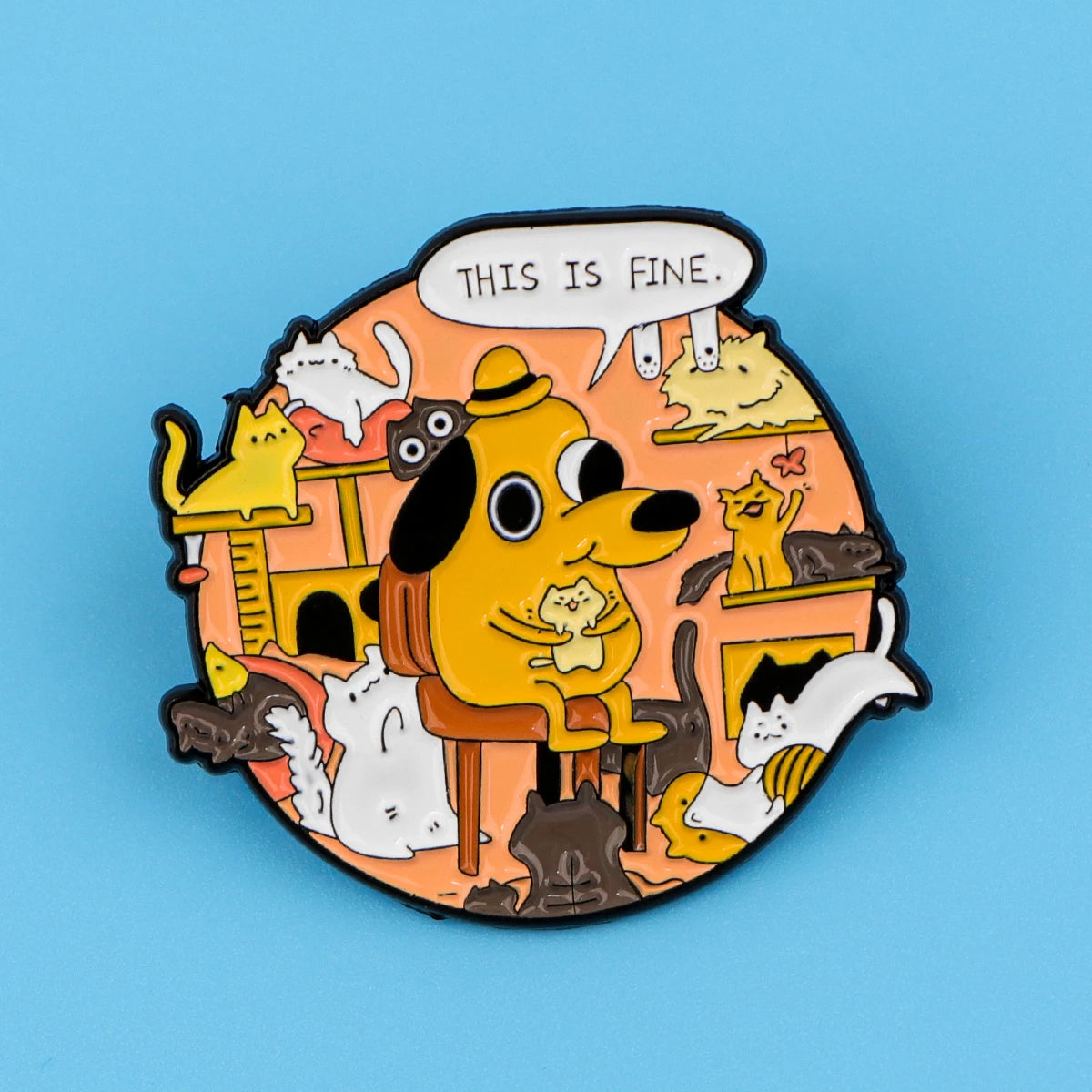 This Is Fine Meme Dog Enamel Pin – Funny Chaos Badge for Bags Jackets