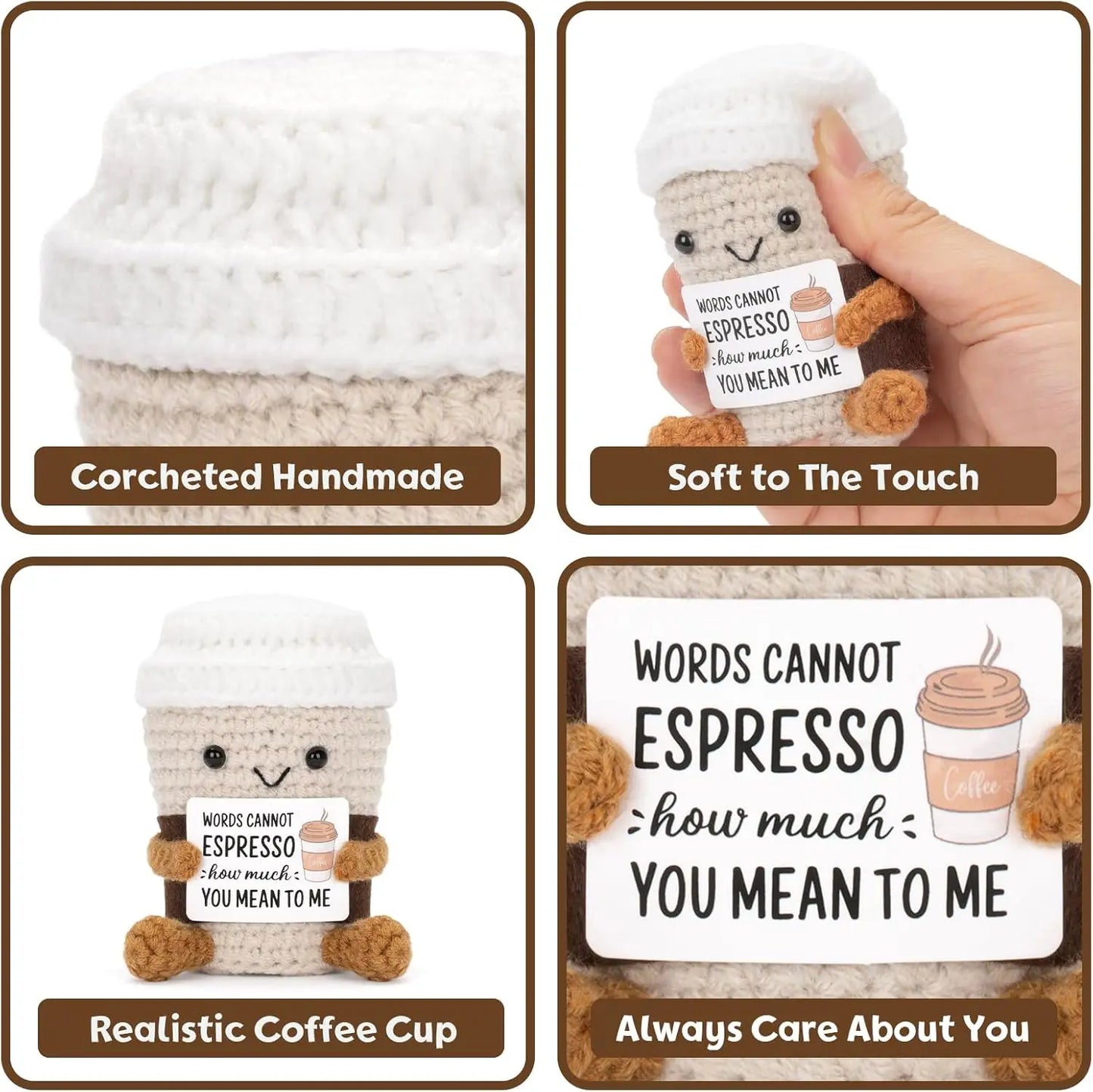 Crochet Knitted Coffee Cup - Emotional Support Coffee Plush Funny Handmade-Style Gift with Message Card
