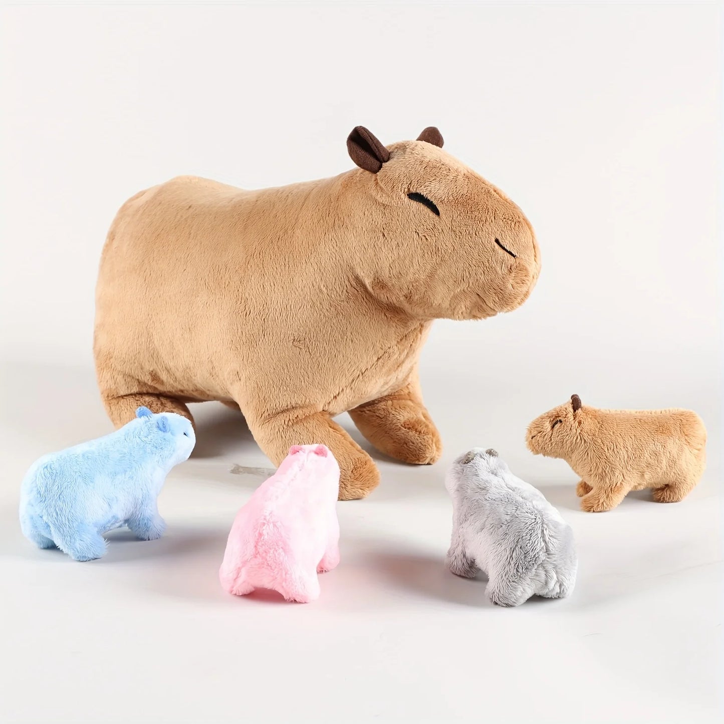 Capybara Family Plush Set – Large Capybara & 4 Small Capybara Soft Toys with Zipper