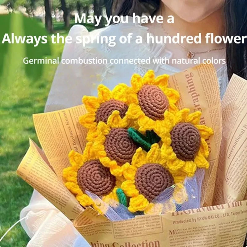 3-Piece Knitted Sunflower Bouquet – Handmade-Style Yarn Flowers for Gifts & Décor
