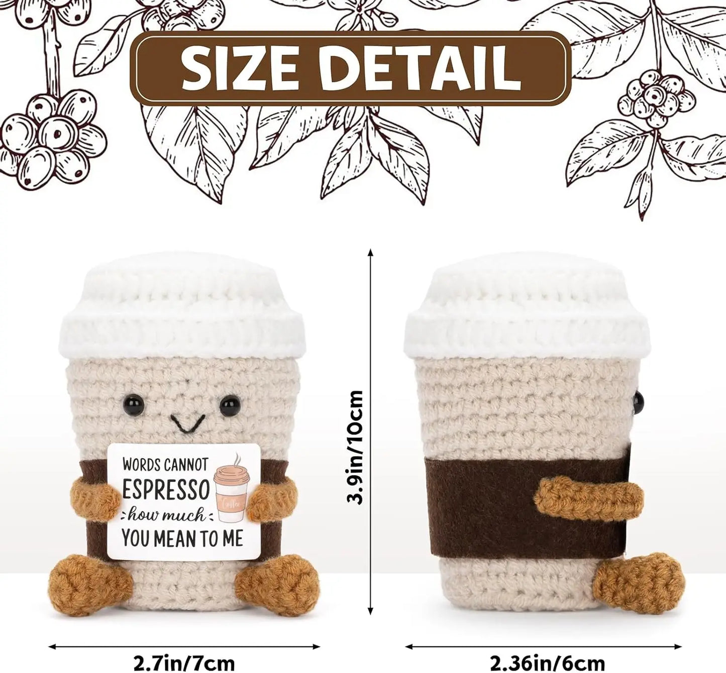 Crochet Knitted Coffee Cup - Emotional Support Coffee Plush Funny Handmade-Style Gift with Message Card