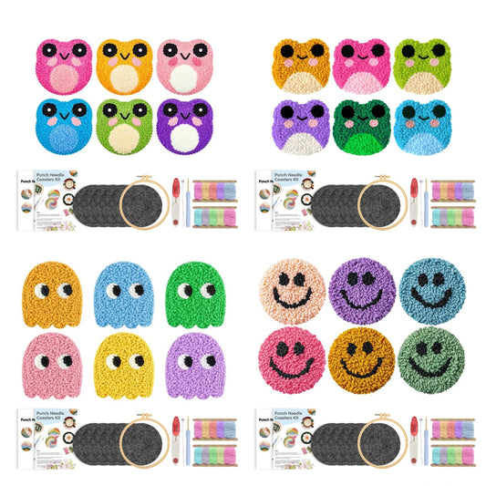 DIY Punch Needle Coaster Kit – Make 6 Frog, Ghost, or Smile Coasters Craft Embroidery