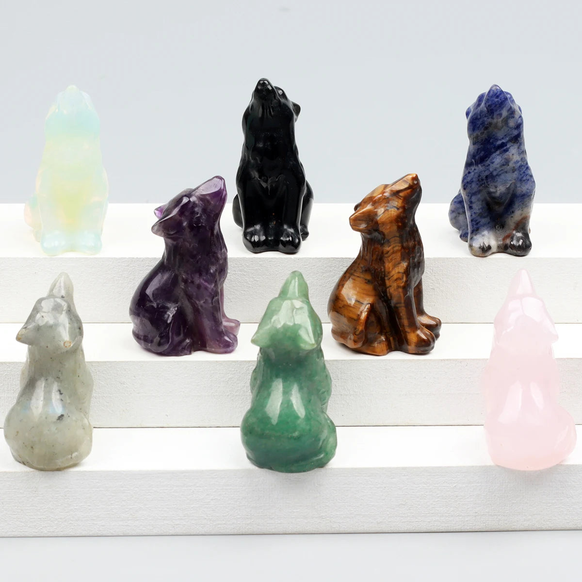 Crystal Howling Wolf Figurines – Hand-Carved Natural Stone Animal Wolves Figures for Chakra Energy Healing & Home Décor