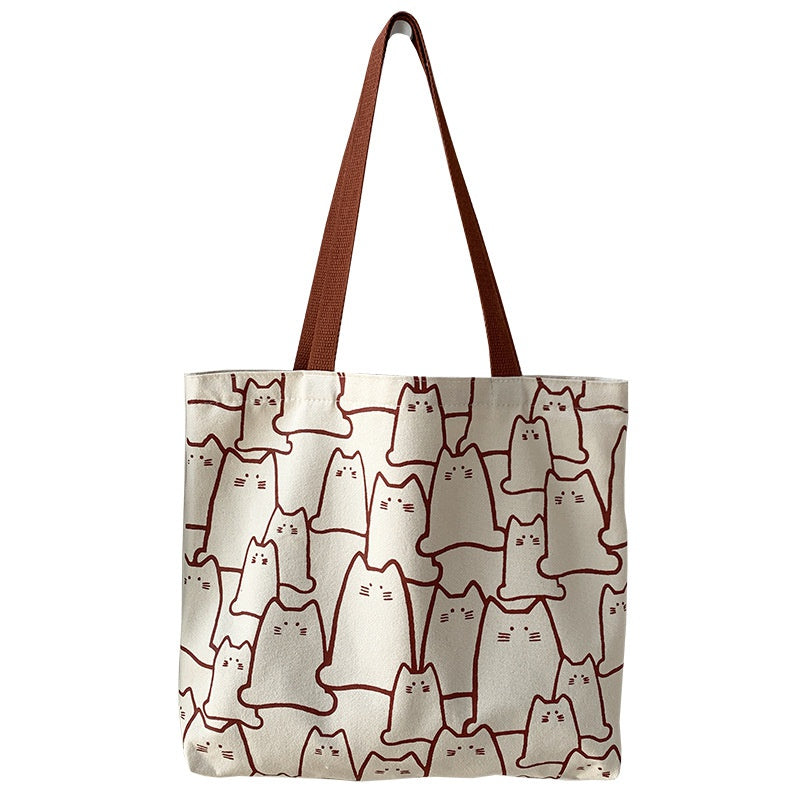 Large Capacity Cat Print Canvas Tote Bag – Beige or Black Stylish Handbag