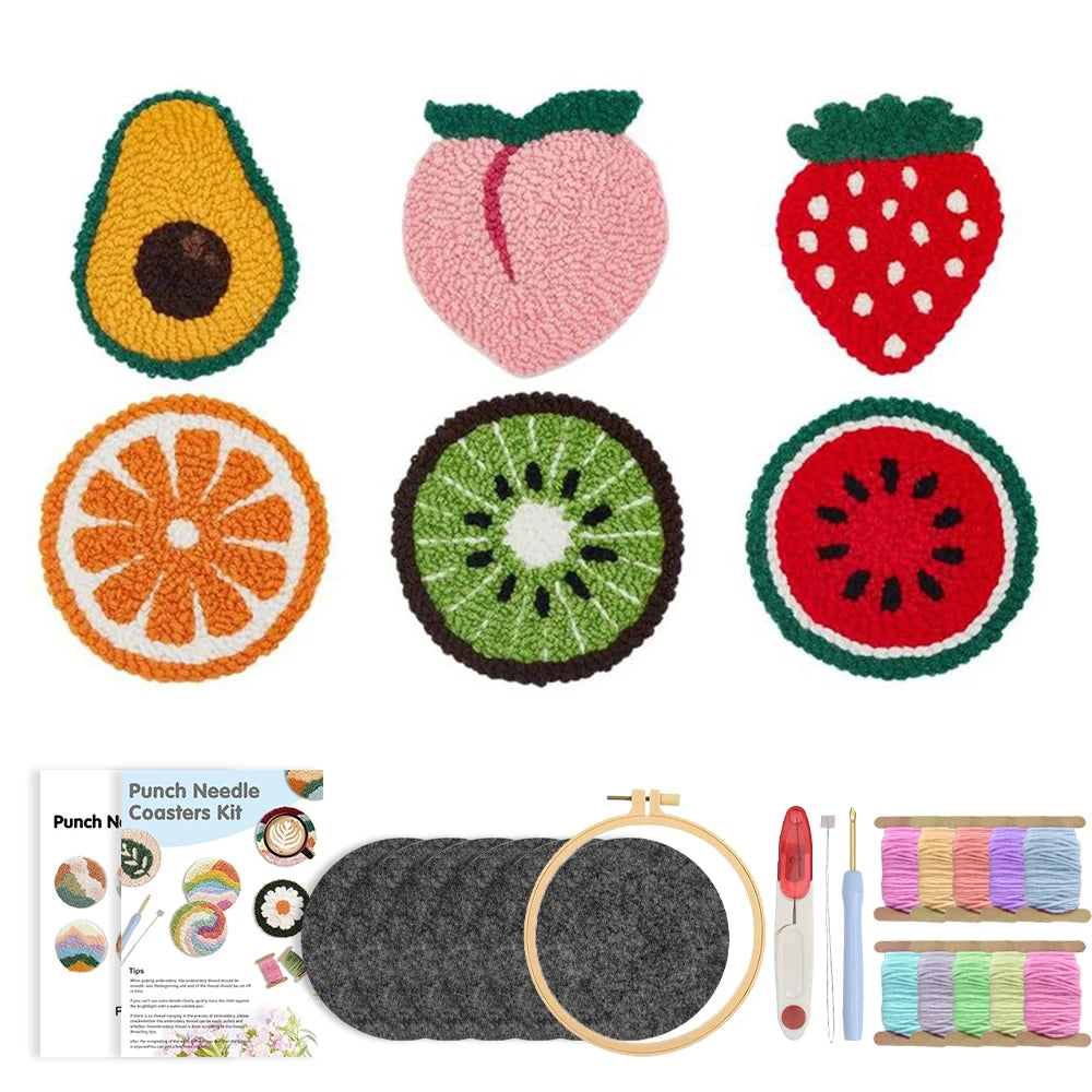 DIY Punch Needle Coaster Set Kit – Make 6 Fruit Design Coasters Multiple Design Choice Craft Embroidery