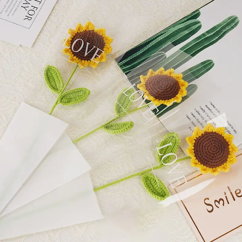 3-Piece Knitted Sunflower Bouquet – Handmade-Style Yarn Flowers for Gifts & Décor