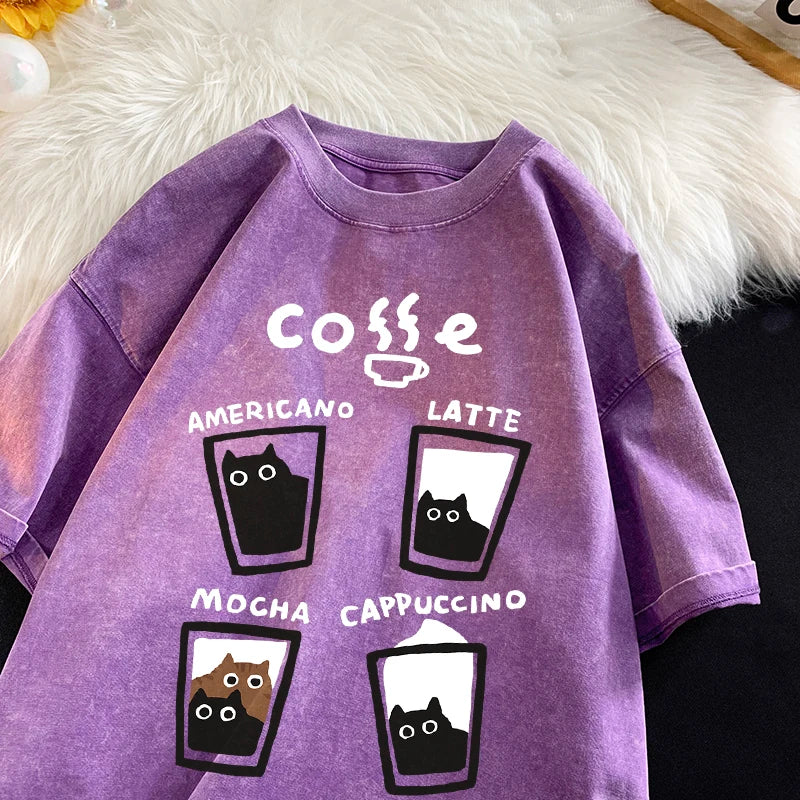 Cat Coffee T-Shirt – Cute Mocha Latte Graphic Tee for Men & Women | Summer Loose Fit Cotton