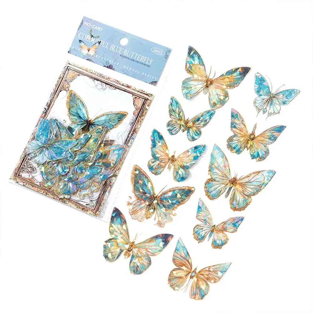 20-Pc Butterfly Film Stickers Pack – Pink, Green, Blue & Multi-Colour 3D Decals Scrapbook