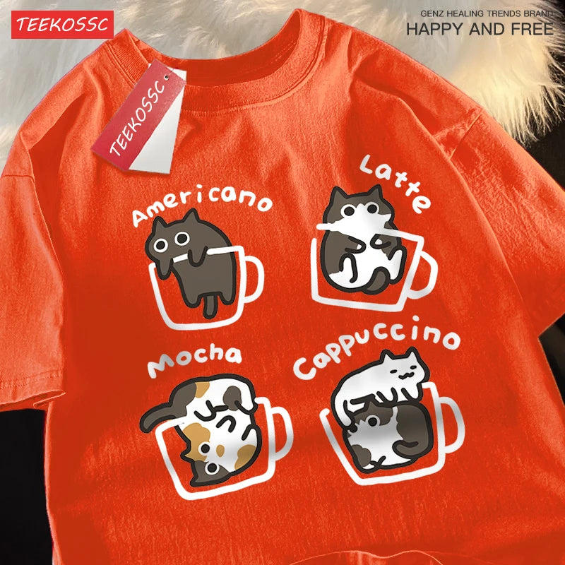 Cat Coffee T-Shirt – Cute Mocha Latte Graphic Tee for Men & Women | Summer Loose Fit Cotton