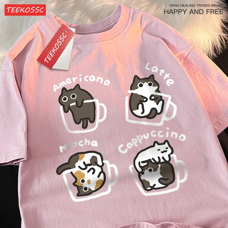 Cat Coffee T-Shirt – Cute Mocha Latte Graphic Tee for Men & Women | Summer Loose Fit Cotton