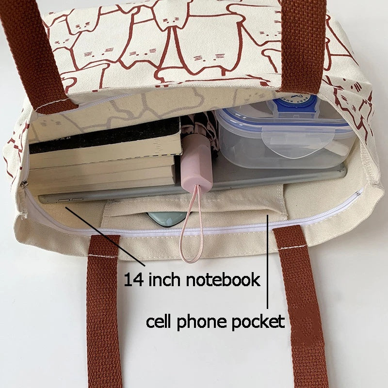 Large Capacity Cat Print Canvas Tote Bag – Beige or Black Stylish Handbag