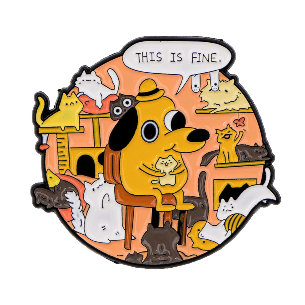 This Is Fine Meme Dog Enamel Pin – Funny Chaos Badge for Bags Jackets