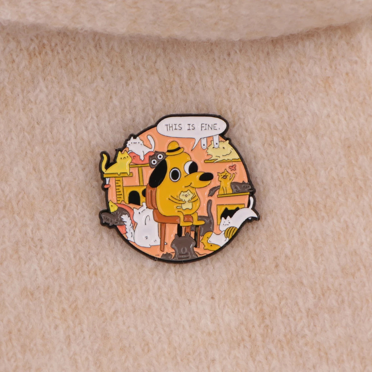 This Is Fine Meme Dog Enamel Pin – Funny Chaos Badge for Bags Jackets