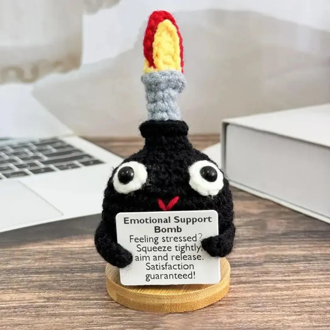 Crochet Knitted Emotional Support Cannonball Bomb – Funny Stress Relief Gift with Card Handmade Style Decor Stress Anxiety Relief Comedy Novelty