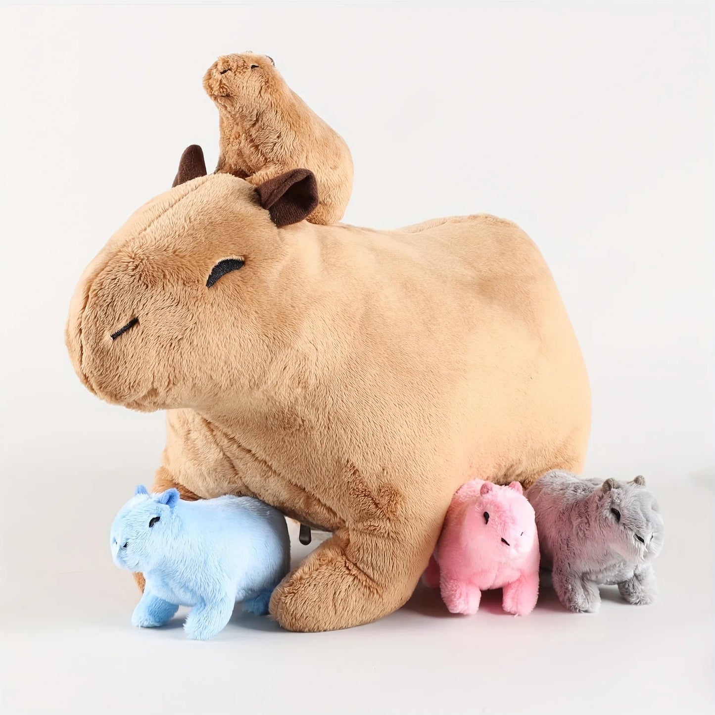 Capybara Family Plush Set – Large Capybara & 4 Small Capybara Soft Toys with Zipper