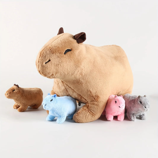 Capybara Family Plush Set – Large Capybara & 4 Small Capybara Soft Toys with Zipper