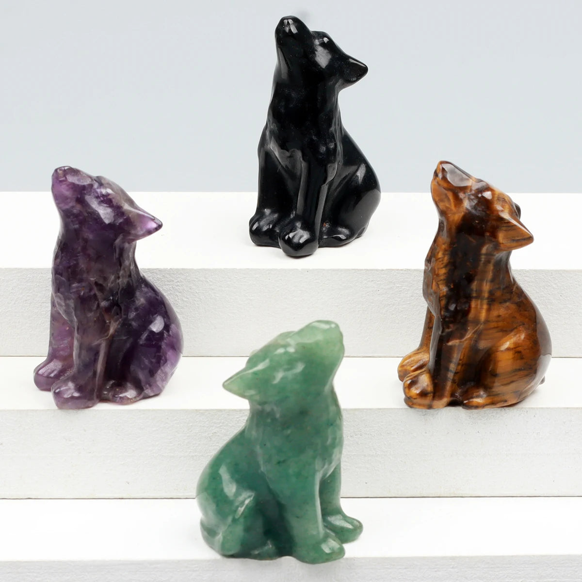 Crystal Howling Wolf Figurines – Hand-Carved Natural Stone Animal Wolves Figures for Chakra Energy Healing & Home Décor