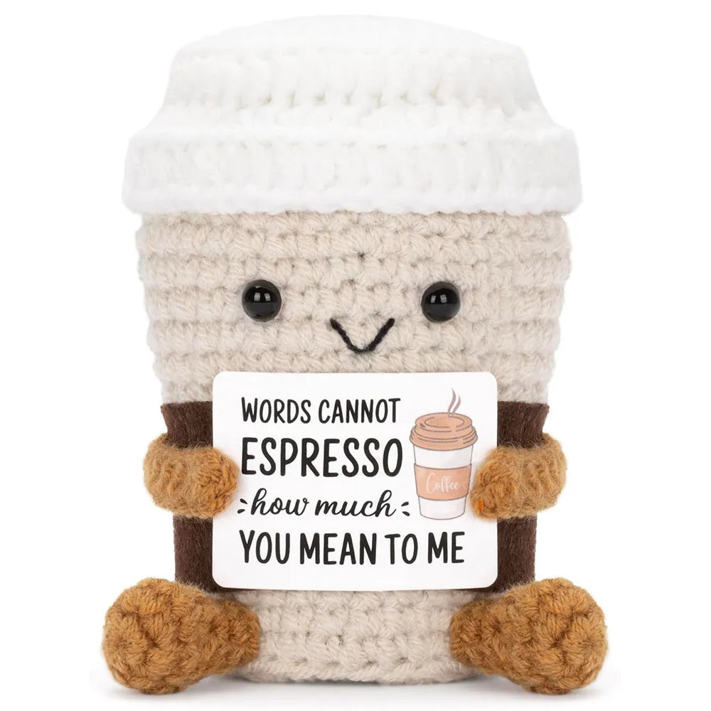 Crochet Knitted Coffee Cup - Emotional Support Coffee Plush Funny Handmade-Style Gift with Message Card