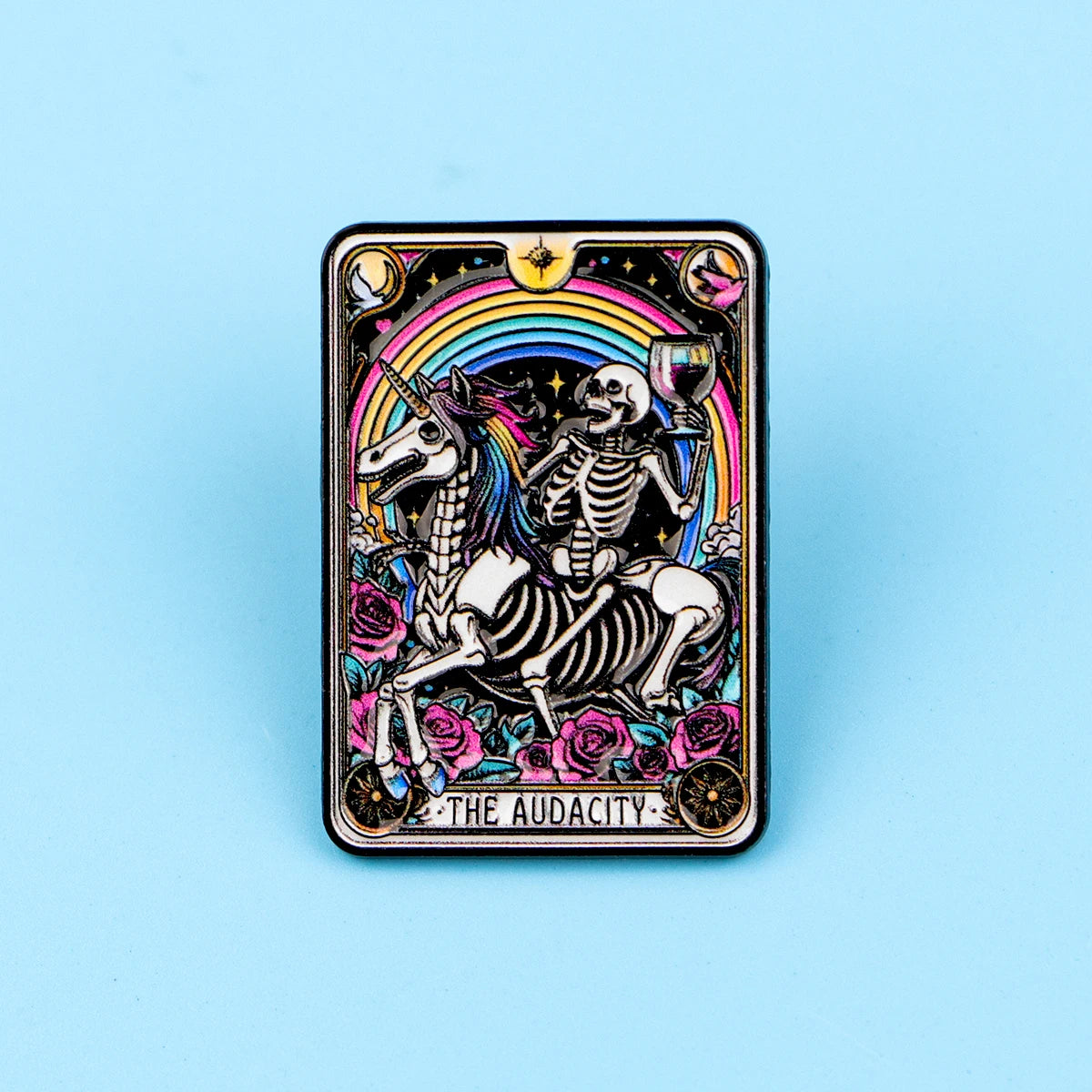 The Audacity Tarot Card Funny Skeleton Unicorn Enamel Brooch Lapel Pin Badge