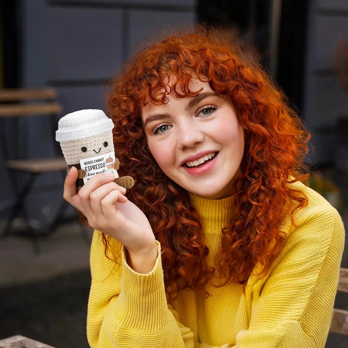 Crochet Knitted Coffee Cup - Emotional Support Coffee Plush Funny Handmade-Style Gift with Message Card
