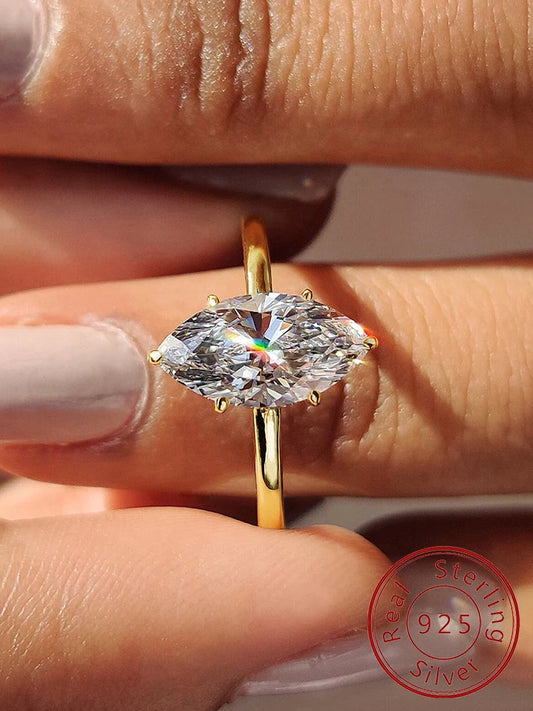 925 Sterling Silver / Golden Ring with Marquise Navette Shape Zircon Gemstone – Womens Elegant Engagement Wedding Promise Band
