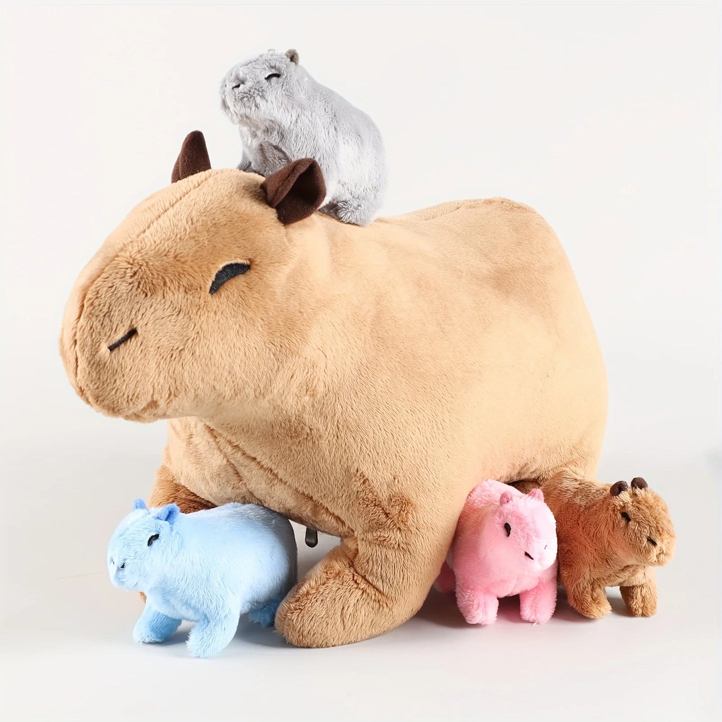 Capybara Family Plush Set – Large Capybara & 4 Small Capybara Soft Toys with Zipper