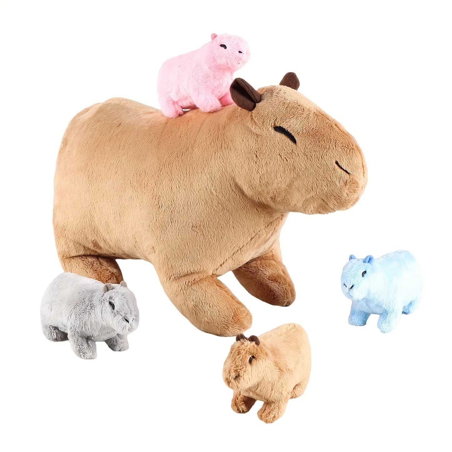 Capybara Family Plush Set – Large Capybara & 4 Small Capybara Soft Toys with Zipper