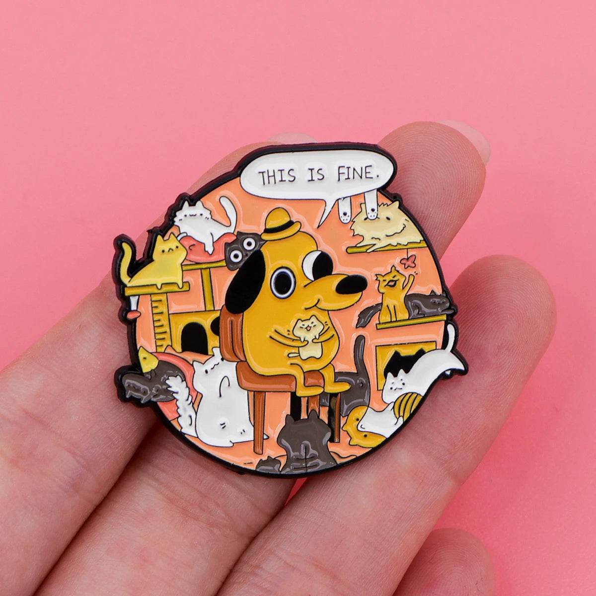 This Is Fine Meme Dog Enamel Pin – Funny Chaos Badge for Bags Jackets