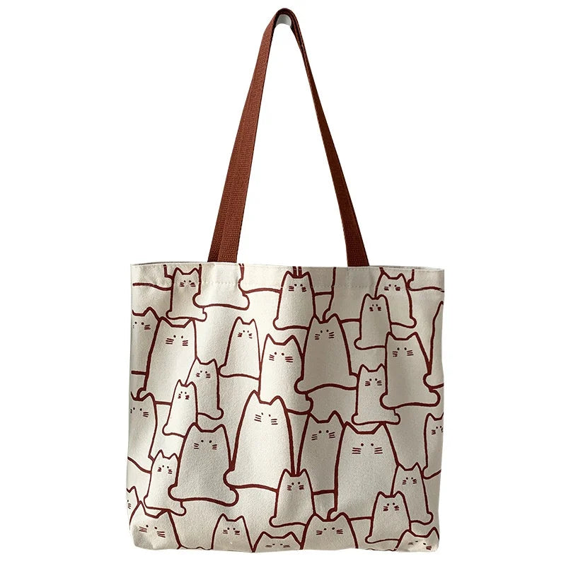 Large Capacity Cat Print Canvas Tote Bag – Beige or Black Stylish Handbag