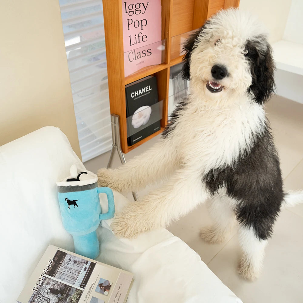 Large Squeaky Drink Cup Plush Dog Toy – 31cm Tall, Soft & Durable with Handle
