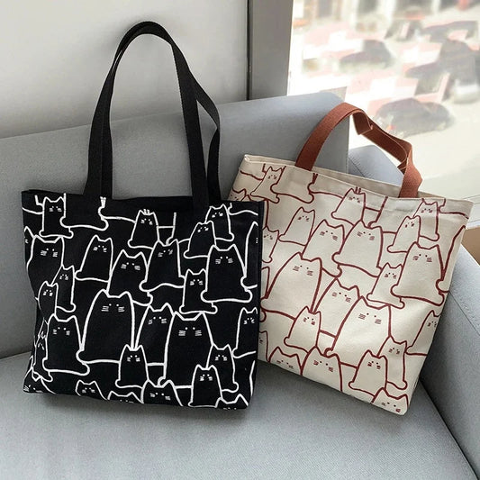 Large Capacity Cat Print Canvas Tote Bag – Beige or Black Stylish Handbag