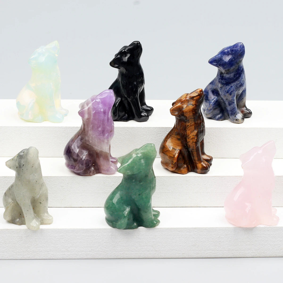 Crystal Howling Wolf Figurines – Hand-Carved Natural Stone Animal Wolves Figures for Chakra Energy Healing & Home Décor