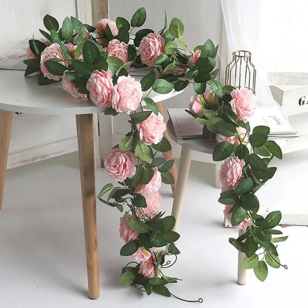 Silk Peony Garland – Pink Artificial Hanging Peonies Flower Vine for Home, Wedding & Party Décor