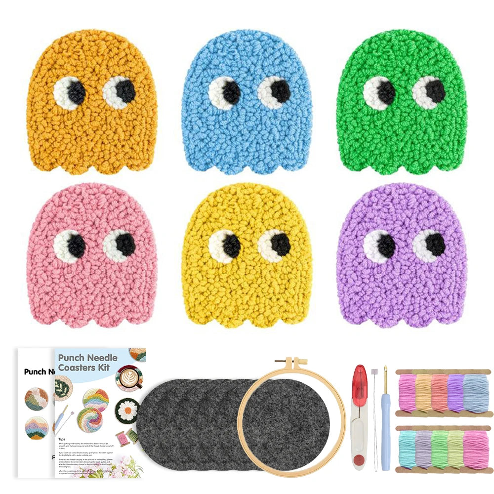 DIY Punch Needle Coaster Set Kit – Make 6 Frog, Ghost, or Smile Coasters Craft Embroidery