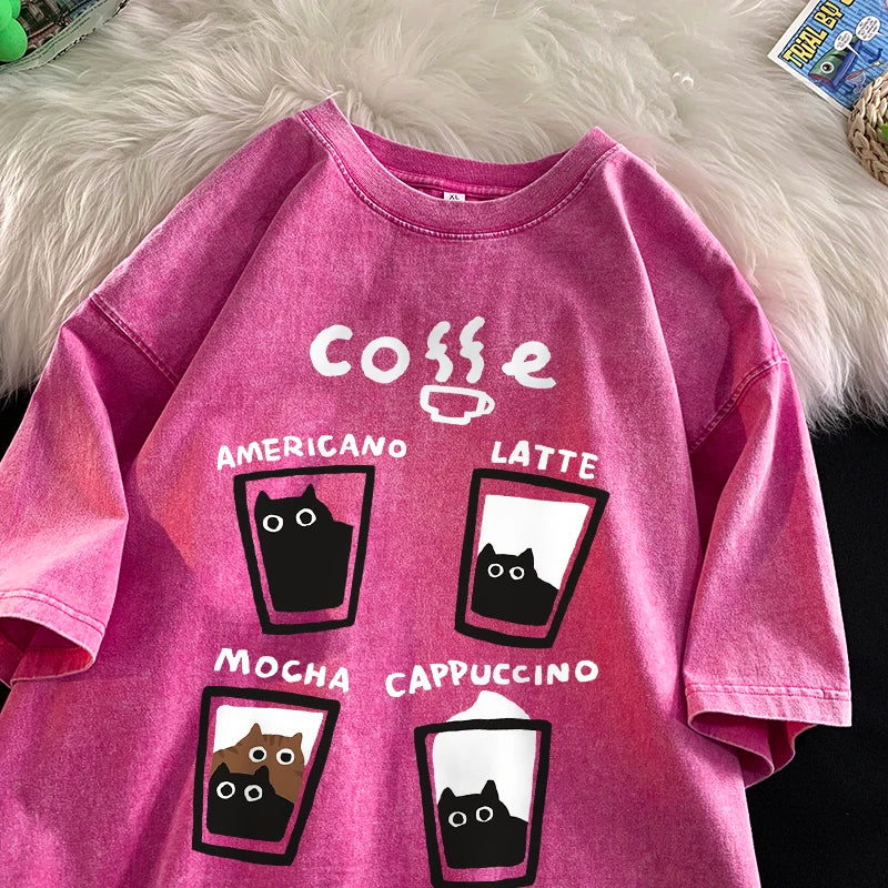 Cat Coffee T-Shirt – Cute Mocha Latte Graphic Tee for Men & Women | Summer Loose Fit Cotton