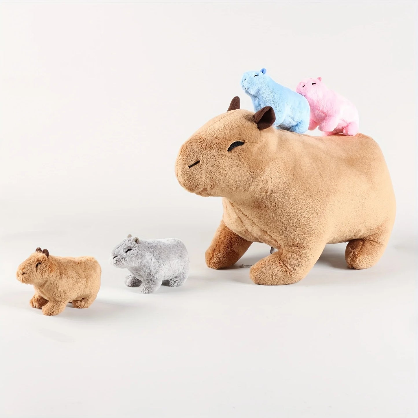 Capybara Family Plush Set – Large Capybara & 4 Small Capybara Soft Toys with Zipper