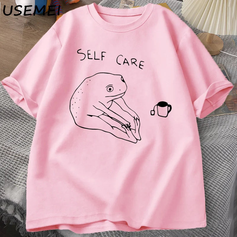 Funny Frog Self-Care T-Shirt Top – Retro Funny Design Tee for Women & Men Unisex