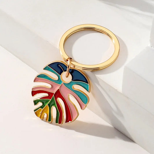 Rainbow Colourful Leaf Enamel Keyring Plant Foliage Bag Keychain Charm
