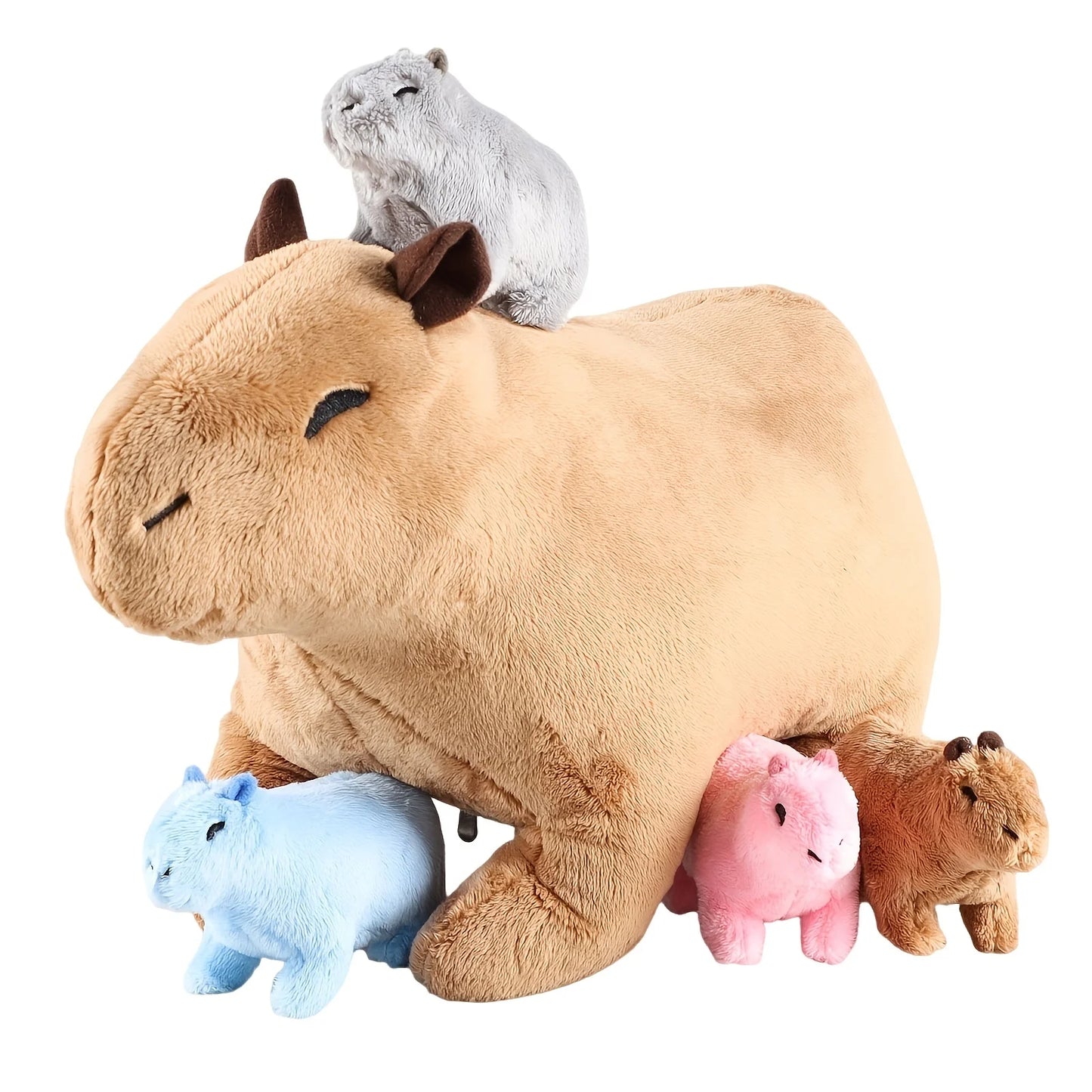 Capybara Family Plush Set – Large Capybara & 4 Small Capybara Soft Toys with Zipper