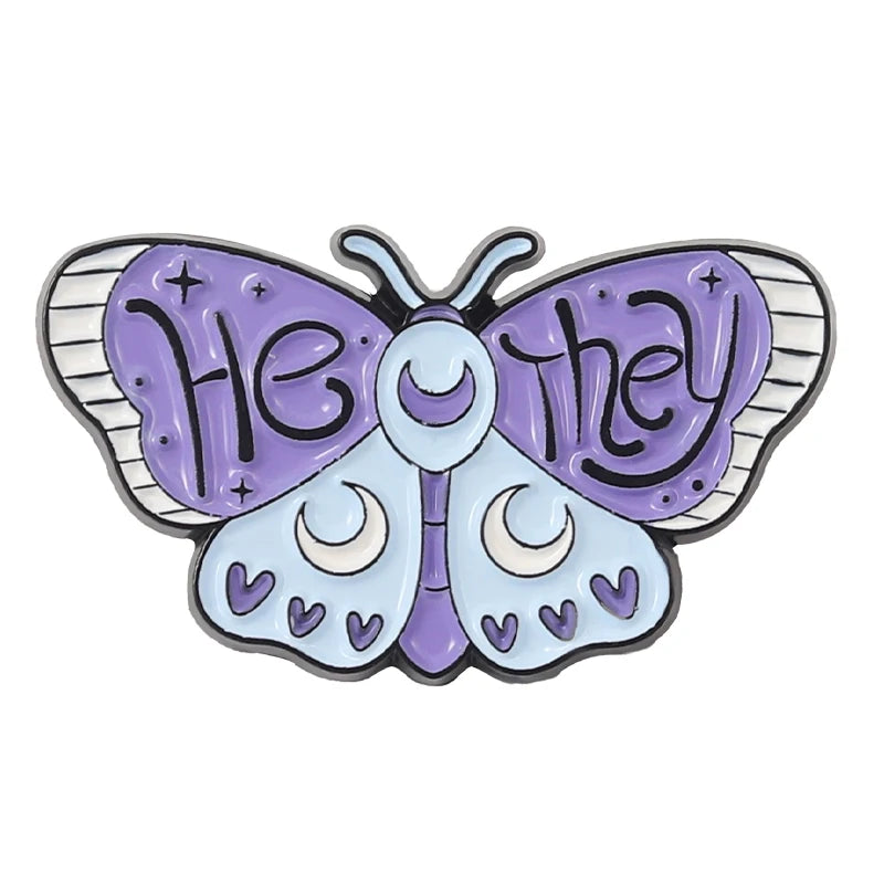 Butterfly Moth Pronouns Enamel Pin Badge SHE HER HE HIM THEY THEM Brooches
