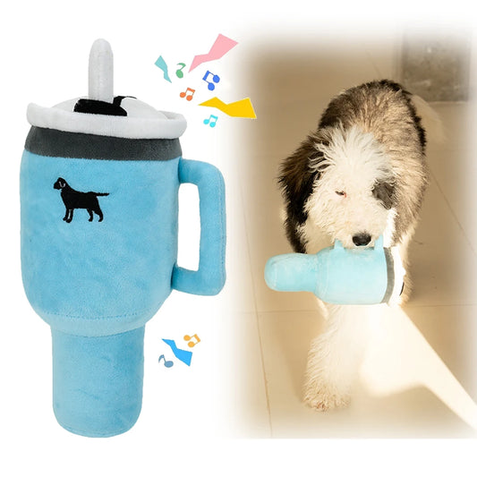 Large Squeaky Drink Cup Plush Dog Toy – 31cm Tall, Soft & Durable with Handle