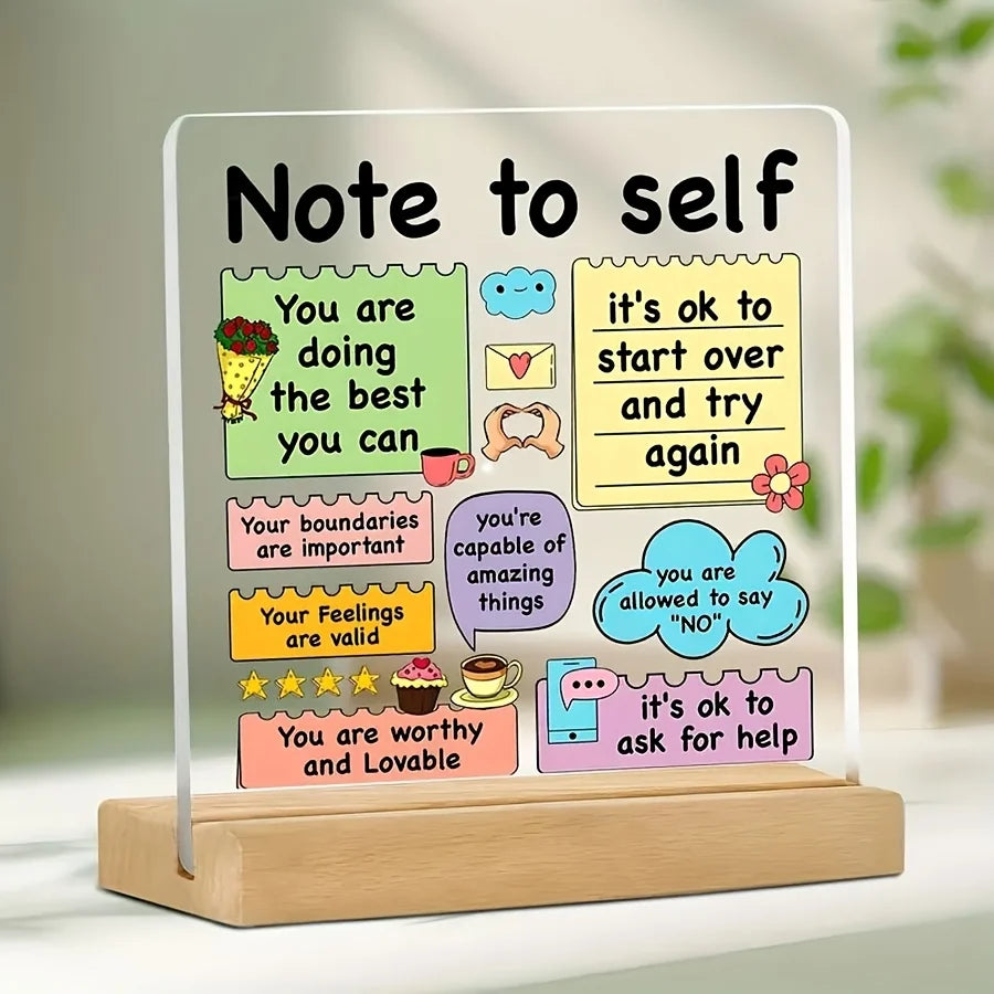 Inspirational Acrylic Quote Plaque Sign Gift with Wooden Base – Positive Affirmation Emotional Support Mental Health Desk Décor