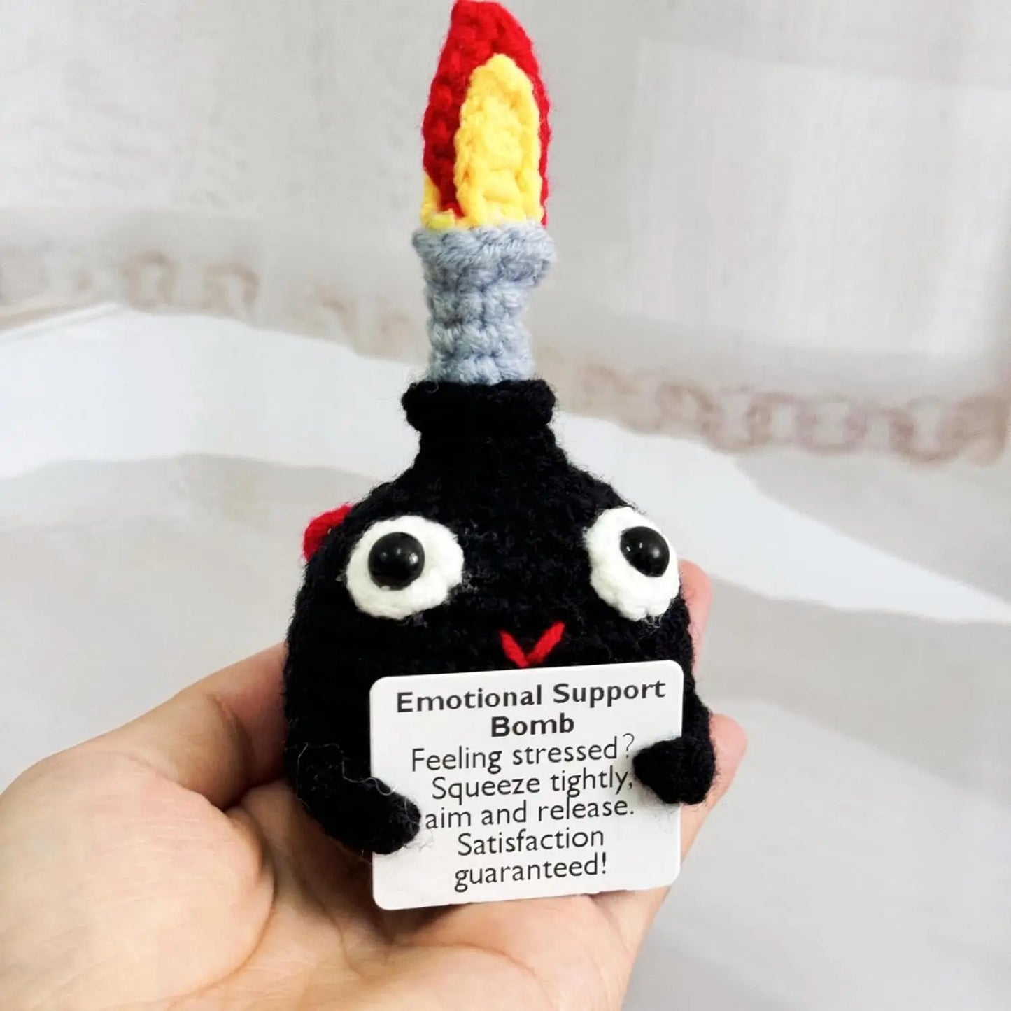 Crochet Knitted Emotional Support Cannonball Bomb – Funny Stress Relief Gift with Card Handmade Style Decor Stress Anxiety Relief Comedy Novelty