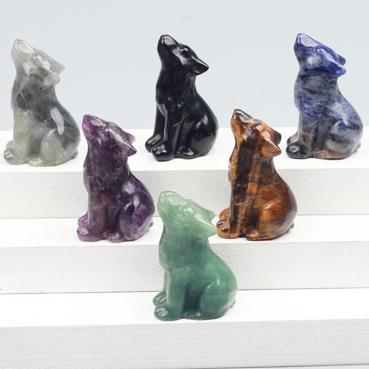 Crystal Howling Wolf Figurines – Hand-Carved Natural Stone Animal Wolves Figures for Chakra Energy Healing & Home Décor