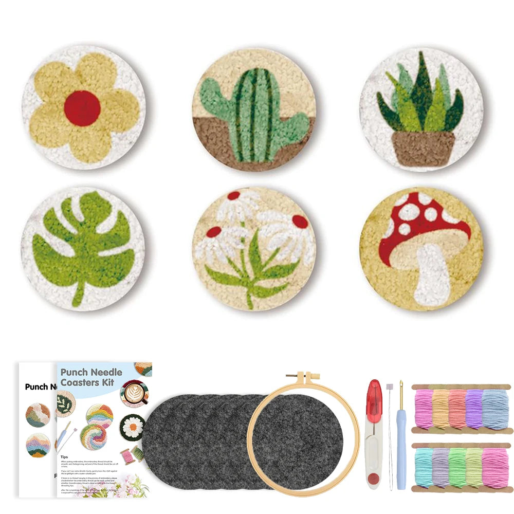 DIY Punch Needle Coaster Set Kit – Make 6 Flower Plant Design Coasters Multiple Design Choice Craft Embroidery