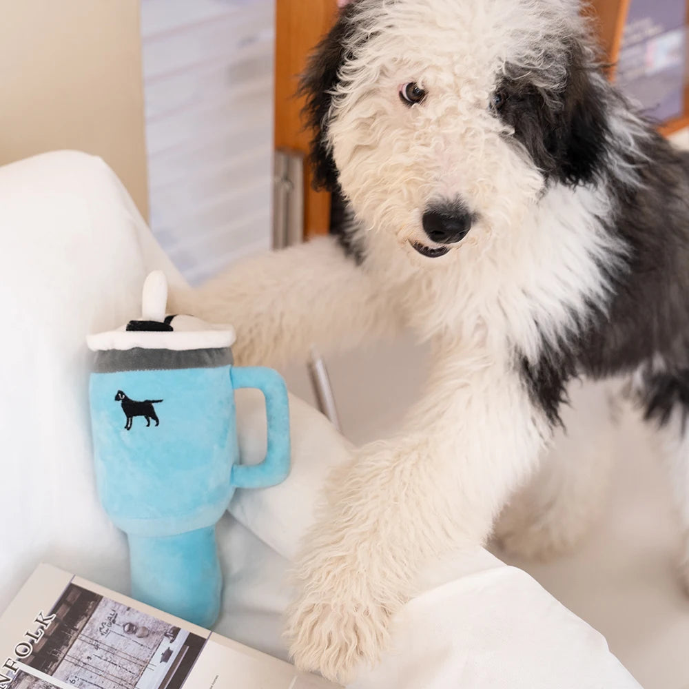 Large Squeaky Drink Cup Plush Dog Toy – 31cm Tall, Soft & Durable with Handle