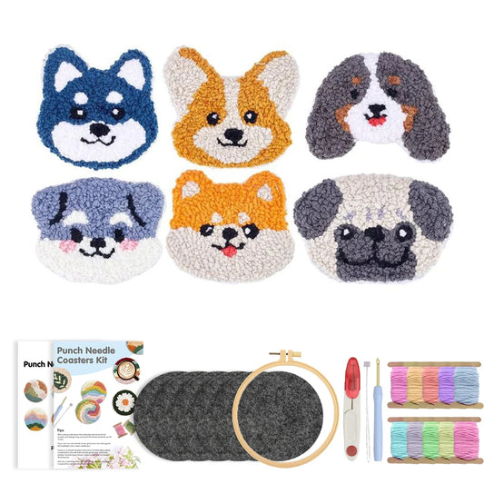 DIY Punch Needle Coaster Kit – Make 6 Dog Animal Coasters Craft Embroidery Set