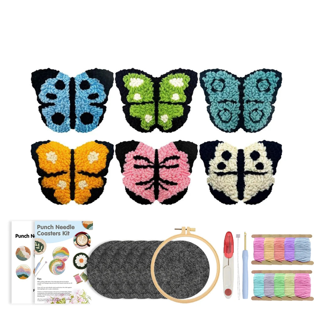 DIY Punch Needle Coaster Kit Set – Make 6 Cat, Dog, or Butterfly Animal Coasters Craft Embroidery
