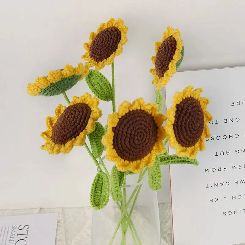 3-Piece Knitted Sunflower Bouquet – Handmade-Style Yarn Flowers for Gifts & Décor
